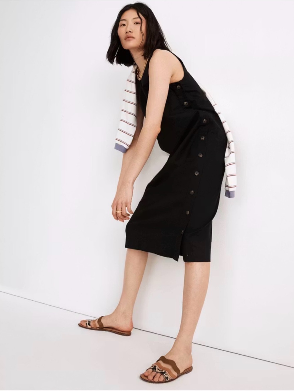 🖤✨ Madewell Black Linen Blend Button Side Midi Dress XS Minimalist Chic ✨🖤